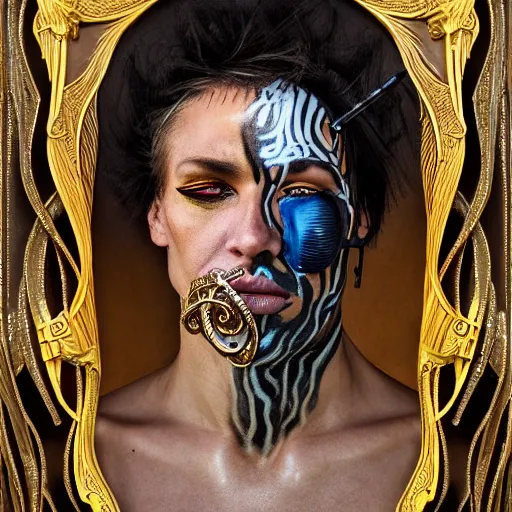 Image similar to an award finning closeup facial portrait by akseli kallen gallela luis rogyo and john howe of a bohemian male cyberpunk traveller clothed in excessively fashionable 8 0 s haute couture fashion and wearing ornate art nouveau body paint