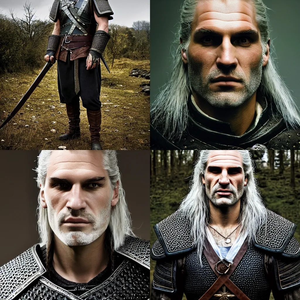 Prompt: a portrait of geralt of rivia from the witcher with background scenery by juergen teller, iris van herpen