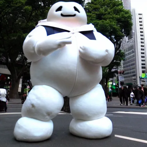 Image similar to sta puft marshmallow man in downtown tokyo,