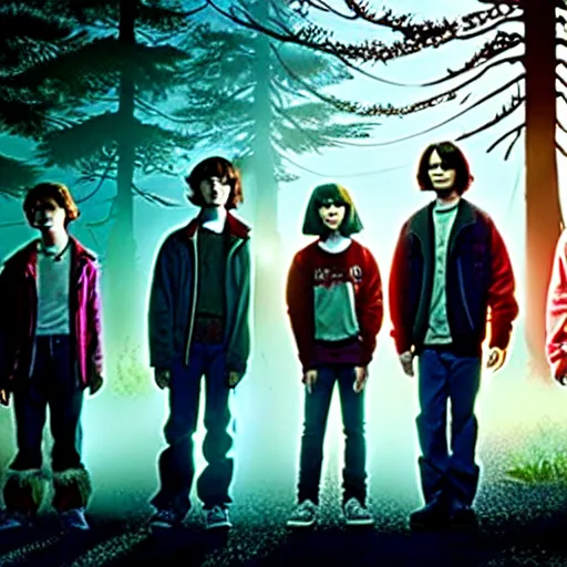 Prompt: Twilight cast in Stranger Things, photorealistic, dramatic lighting, soft, sharp focus