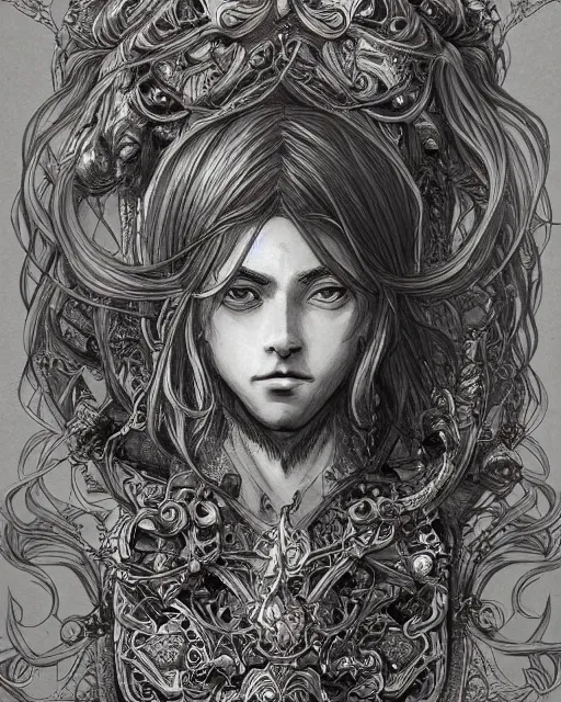 Image similar to portrait of a man, baroque style, elegant, beautiful, mesmerizing, concept art, intricate linework, detailed and intricate environment, artstation, inspired by monstress, sana takeda