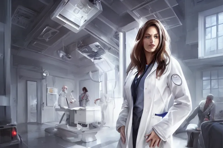Image similar to a poster of emergency room, an elegant and beautiful female doctor in a white coat, cinematic, highly detailed, digital painting, artstation, concept art, matte, sharp focus, illustration, art by artgerm and greg rutkowski