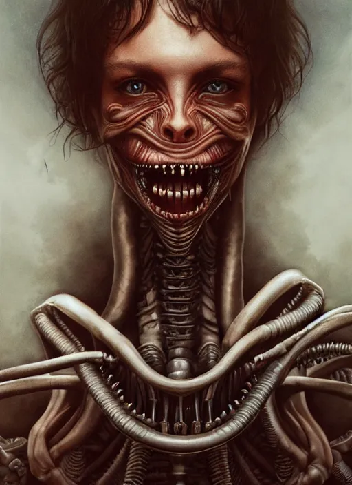 Image similar to a hyper detailed chest and head portrait of ellen ripley becoming a xenomorph, by tom bagshaw, by zdzisław beksinski, trending on artstation