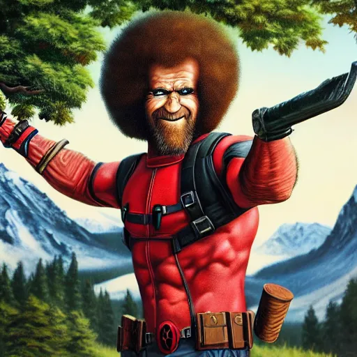 Image similar to a closeup photorealistic photograph of bob ross working on a canvas painting of deadpool. film still. brightly lit scene. mountains and trees. this 4 k hd image is trending on artstation, featured on behance, well - rendered, extra crisp, features intricate detail, epic composition and the style of unreal engine.