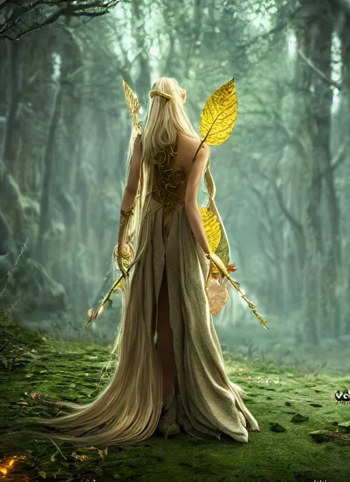 Image similar to magical forest with gold and silver leafs, music, girl with blond long hair back view, elves, lord of the rings style, ultra detailed, trending on artstation, concept art, octane render, unreal engine,