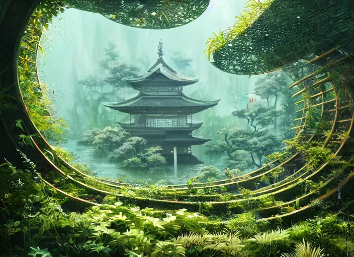 Prompt: overgrown foliage overtaking a maze of tall japanese architecture, underwater environment, borealis, scenery, professional, award - winning, trending on artstation, hyper detailed, realistic, beautiful, emotional, shiny, golden, picture