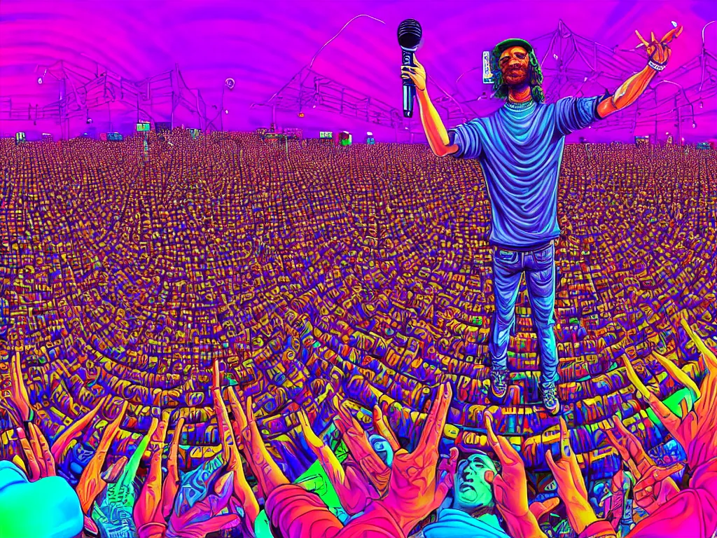 Image similar to rapping on stage at festival, holding microphone, giant crowd, epic angle, happy, psychedelic, hip hop, surreal, neon, vaporwave, detailed, illustrated by Alex Grey, 4k