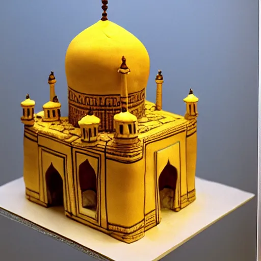 Prompt: Award winning photo 35mm of a cake that is made of cheese in the shape of the taj mahal