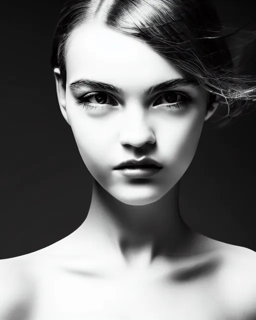 Image similar to black and white dreamy young beautiful female creature vegetal - cyborg high quality portrait photo, microchip skin, artificial intelligence, cinematic, rim light, photo - realistic, elegant, high detail, 8 k, masterpiece, high fashion, photo taken in 1 9 3 0