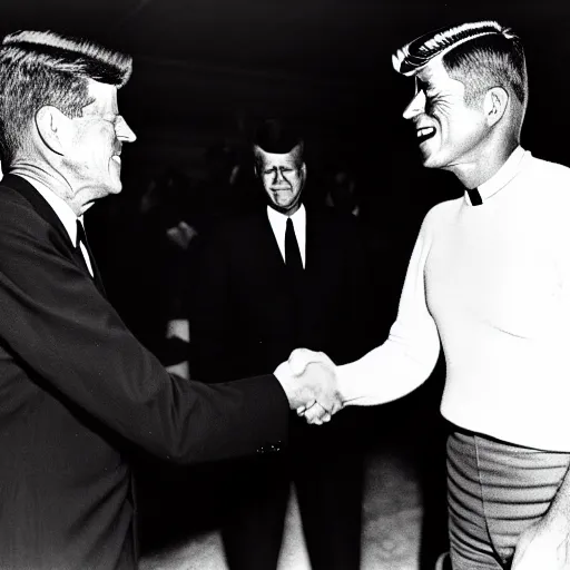 Image similar to a black and white photo of president kennedy shaking hands with a space alien