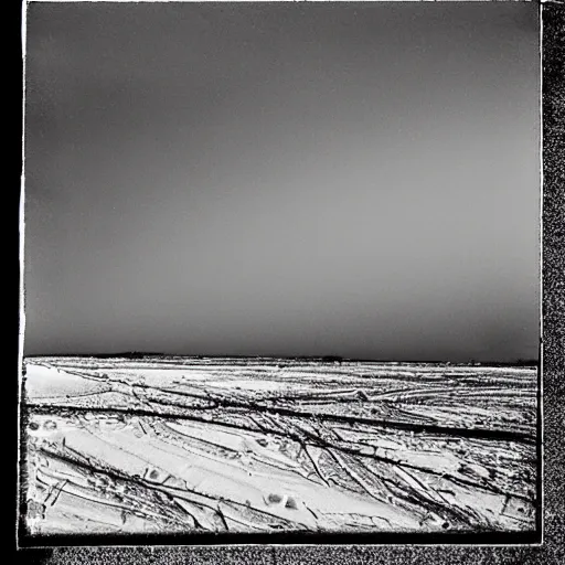 Prompt: three stacked rectangle panels. each one slowly moving through the haze at ground level, until the town of barrow is revealed. in this first panel, we are staring at a wasteland in the near distance. it's daylight but all we are looking at is a frozen tundra. anything beyond the first few feet is covered by a thin sheet of blowing snow and ice.