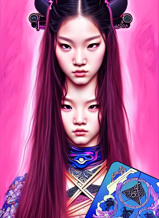 Image similar to jossi of blackpink, samurai, tarot card, highly detailed, digital painting, smooth, sharp focus, illustration, ultra realistic, 8 k, art by artgerm and alphonse mucha