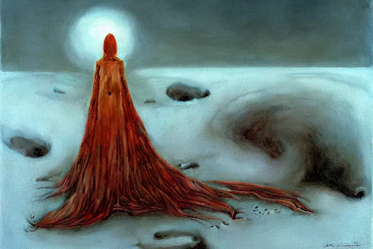 Image similar to a surreal painting of a lonely woman with pale skin and long red hair standing over a pile of bodies in post - apocalyptic snowy landscape, surrealism, by zdzislaw beksinski, by dariusz zawadzki, by john jude palencar