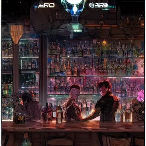 Image similar to a cyberpunk night bar, with bars of Zero G vodka on the shelf, intricate very detailed, colored manga line art, by Mucha and Craig Mullins, anime trending on artstation,