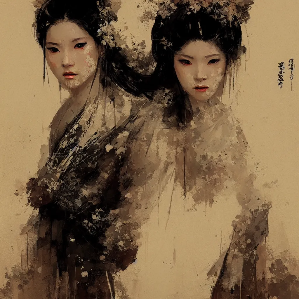 Image similar to female geisha girl, beautiful face, rule of thirds, intricate outfit, spotlight, by greg rutkowski, by jeremy mann