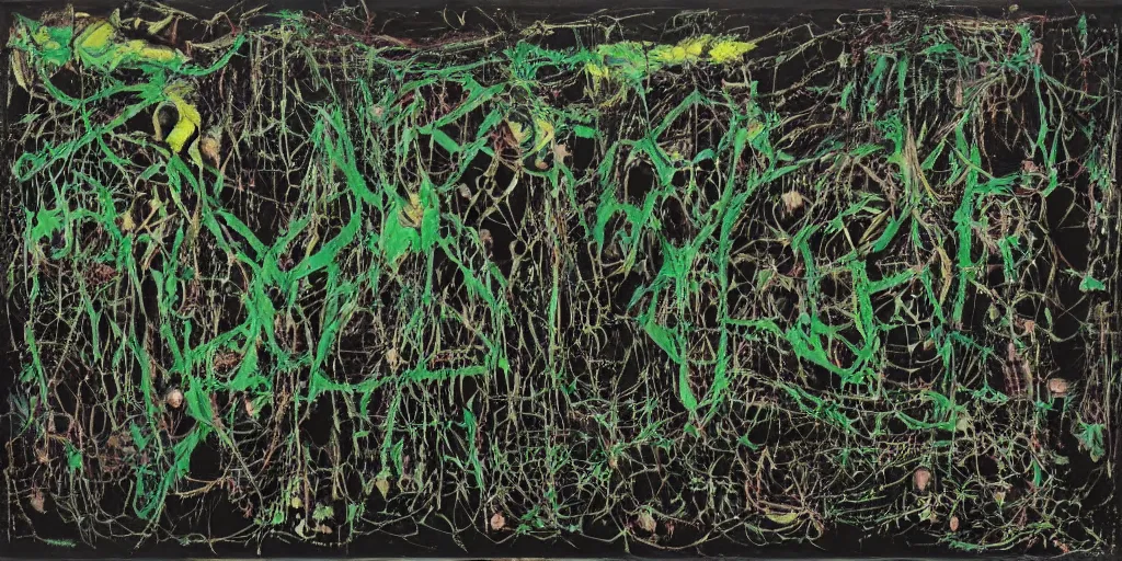 Image similar to a black and green biomechanical talisman of suffering, rotting, fungus, wings by maggi mcdonald, jackson pollock, mark rothko, sabina klein