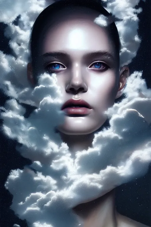Prompt: 3 d, close - up, clouds, moon rays, frown fashion model, night, liquid silver and black water, vogue cover style, poster art, hyper detail, intricate oil painting, multiple exposure, morning mood, 3 d, by tooth wu and wlop and beeple and greg rutkowski