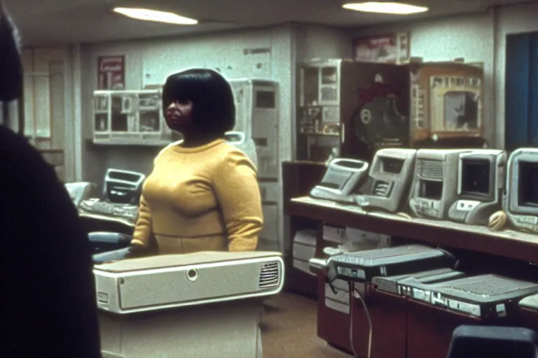 Image similar to cinematic screenshot of octavia spencer in a used electronics store standing in front of an old keyboard, iconic scene from the paranoid sci fi thriller film directed by stanley kubrick, apartment set in the near future, cinematic shot with anamorphic lenses, color theory, apartment design, leading lines, photorealistic, volumetric lighting