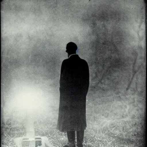 Image similar to a soul looking at his grave, night, fog, 1 9 0 0's photo