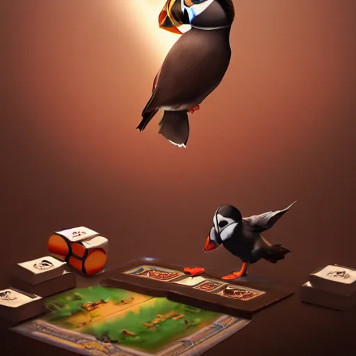 Image similar to puffin playing board game, cinematic, cinematic lighting, trending on Artstation, Cgsociety, detailed, 4k, very realistic