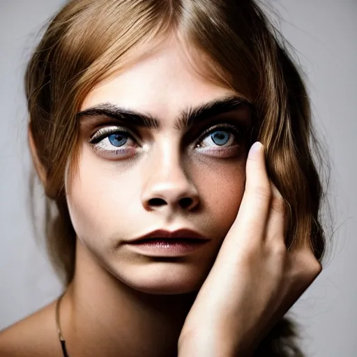 Image similar to photo of a gorgeous 20-year-old Cara Delevingne 1970s hairstyle by Mario Testino, detailed, head shot, award winning, Sony a7R -