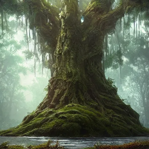 Prompt: 🍺💪🚶‍♂️🌳 a beautiful living tree in the middle of a swamp, digital Art, Greg rutkowski, Trending artstation, cinematic