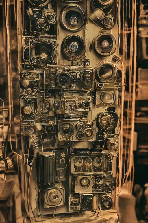 Image similar to a photo taken by someone who doesn't know how to use a camera, the most complex kodak camera ever made with vacuum tubes, capacitors and coils inside, through a dirty store window by Wes Anderson, grungy, weathered Ultra detailed, hyper realistic, 4k