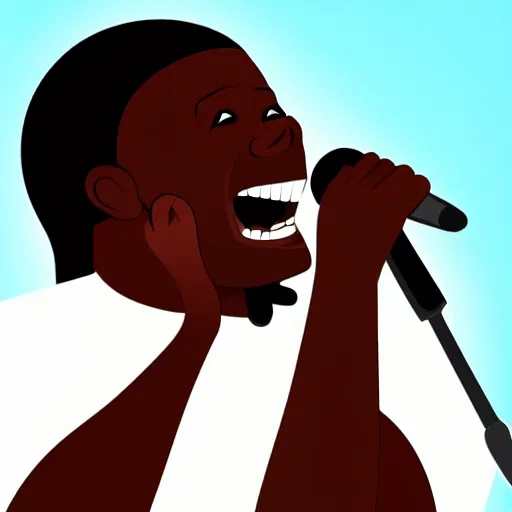 Image similar to a black man singing with all teeth shown, cartoonish