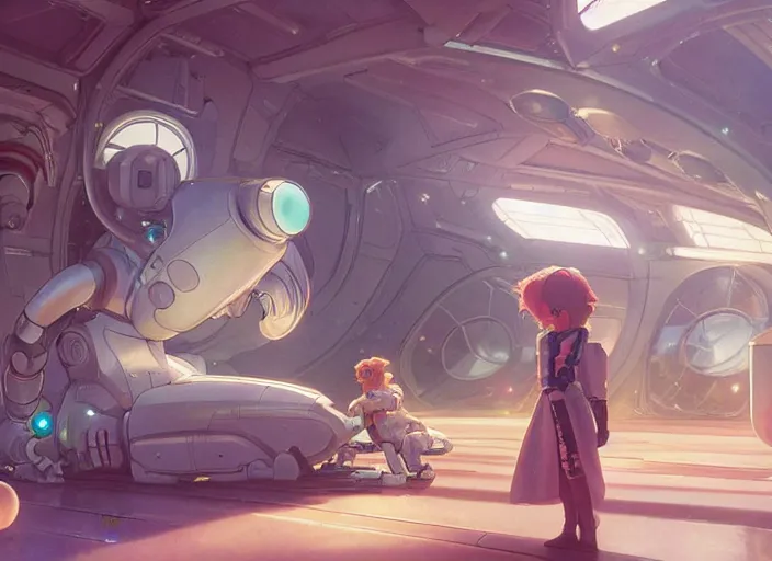 Image similar to a pretty robot girl and her alien space cat sleeping in a spaceport in a space opera ghibli animated film, volumetric lighting, octane render by stanley artgerm lau, greg rutkowski, thomas kindkade, alphonse mucha, loish, norman rockwel, highly detailed