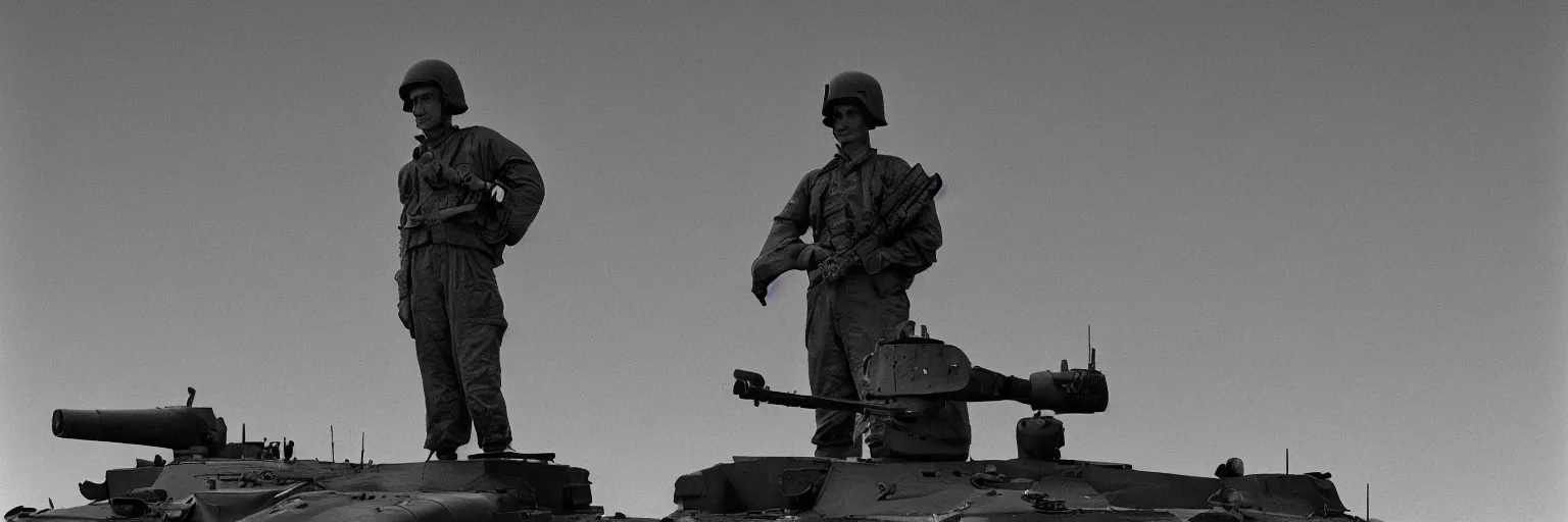Image similar to detailed sharp photograph in the style of popular science circa 1 9 5 5 and gregory crewdson of close up of a single soldier atop a tank in korean war 1 5 0 mm lens