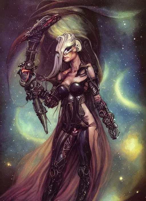 Image similar to portrait of female space pirate, night sky background, beautiful! coherent! by brom, by brian froud, deep color, strong line, high contrast