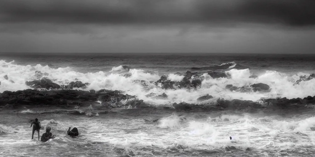 Image similar to super gloomy beach with impenetrable forest inland and violent waves off shore. The grim reaper standing next to men on pikes vlad the impaler in the front right, depressive atmosphere