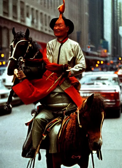 Image similar to a 35mm photograph of Genghis Khan riding a horse down a New York city street in the 1960's, bokeh, Canon 50mm, cinematic lighting, photography, retro, film, Kodachrome