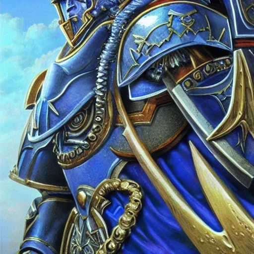 Image similar to Roboute Guilliman Primarch of the Ultramarines, closeup portrait art by Donato Giancola and James Gurney, digital art, trending on artstation