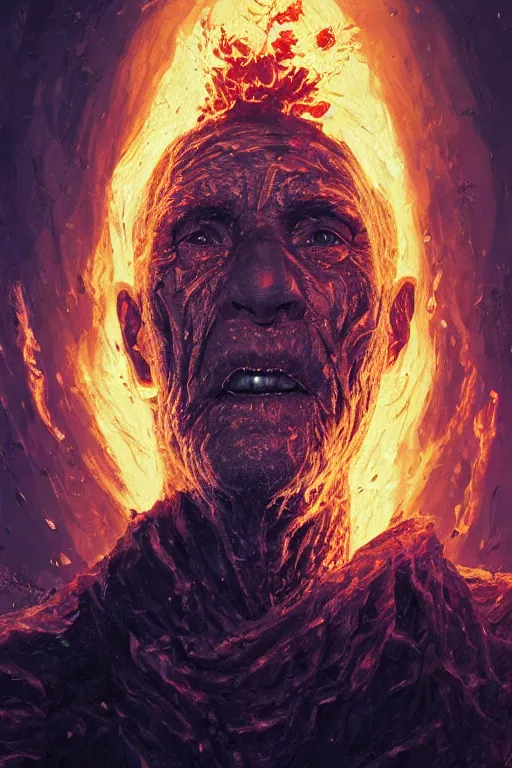 Prompt: the look of an elderly person, necromancer, witch - doctor covered with lava exploding into fire crystals, full of wrinkles and imperfections by artgem and greg rutkowski, highly detailed, high contrast, light reflection, trippy, nebula, trending on artstation