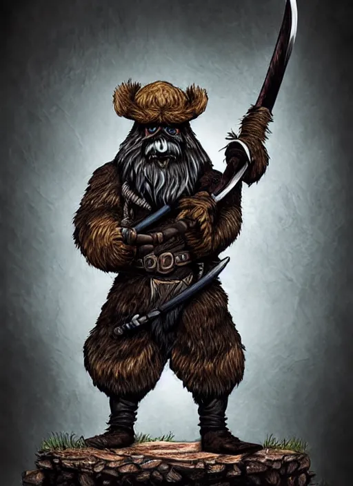 Image similar to bugbear ranger holding a fire sword, exquisite details, black beard, white background, by studio muti