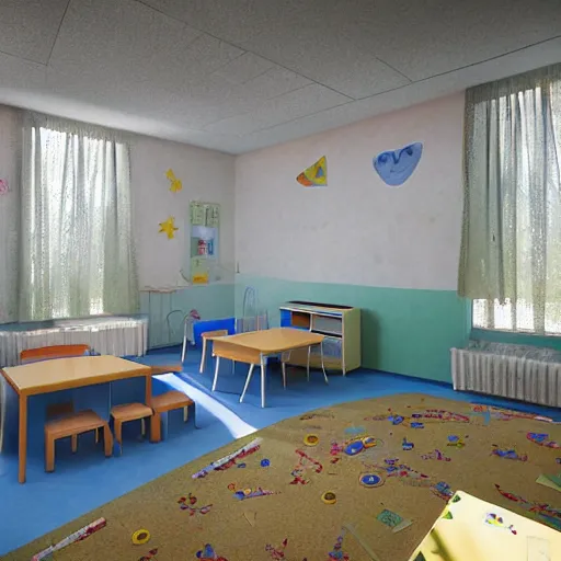 Prompt: Chernobyl kindergarten. Photojournalism, hyper realistic, dynamic lighting, unreal render, ultrafine detail.