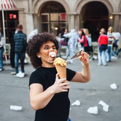 Prompt: a person eating ice cream with a comically large spoon