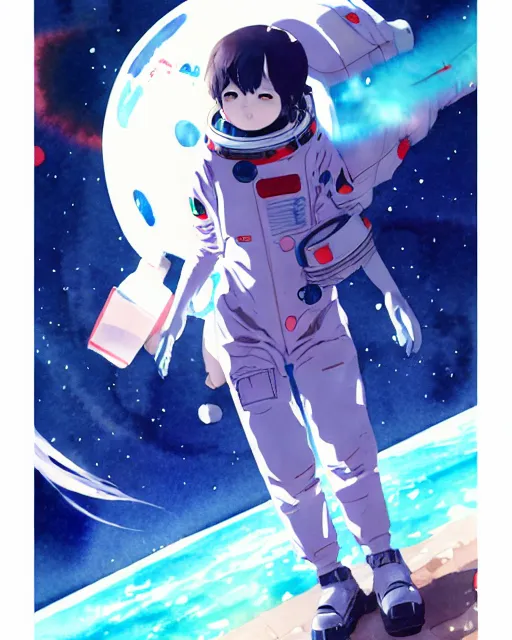 Prompt: oriental water color of a cute thicc astronaut damaged zombiewoman, floating through space, backlit, by makoto shinkai and krenz cushart