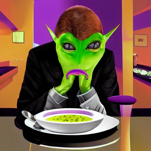 Image similar to a modernized alien in a purple three - piece suit made of velvet, he is enjoying a bowl of split pea and mushroom soup at a 5 - star restaurant in the bronx, photorealistic, highly detailed, photography, refined spontaneity