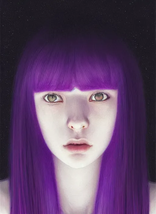 Image similar to hair whitebangs hair, black hair, whitebangs, portrait of teenage girl with white bangs, red irises, purple clothes, white bangs, bangs are different color from hair, intricate, elegant, glowing lights, highly detailed, digital painting, artstation, concept art, smooth, sharp focus, illustration, art by wlop, mars ravelo and greg rutkowski