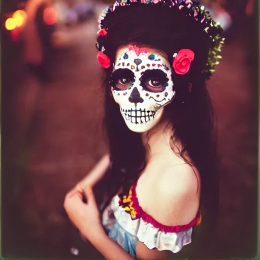 Image similar to detailed and realistic portrait photography of a cute Día de los Muertos girl at dusk by Annie Leibovitz, Agfa Vista 800 film, Leica M9