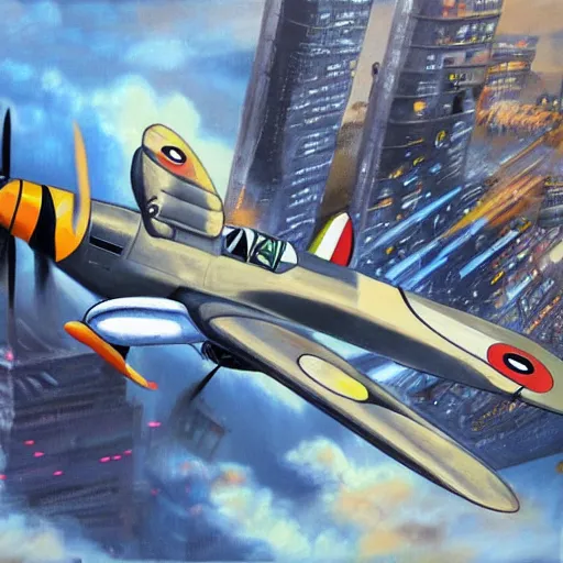 Prompt: ww2 spitfire plane flying through futuristic city, highly detailed, painting, brushstroke, anime artwork