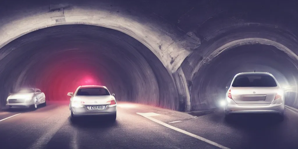 Image similar to a car driving through a tunnel at night, there's a girl standing on the car and two boys are driving the car, strobe light, realistic, 8 k