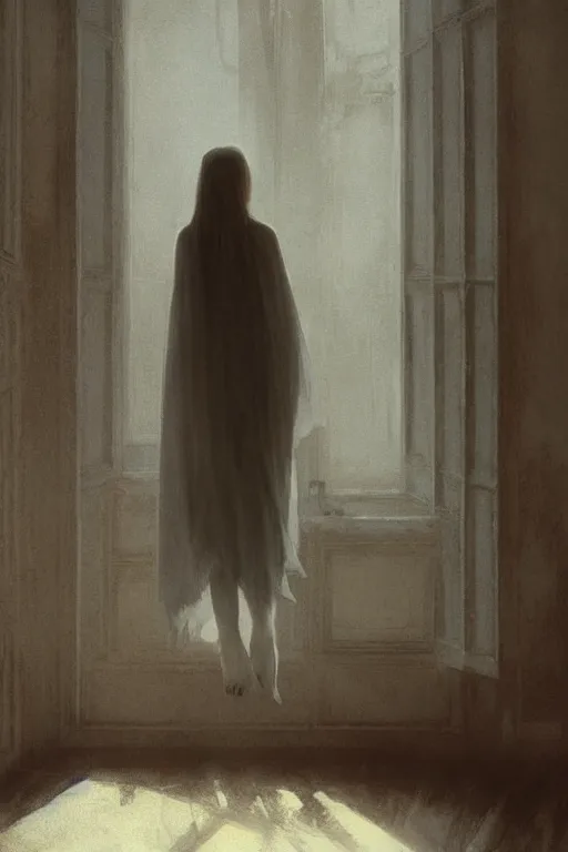 Image similar to Ghost in the bedroom, illustrated by Greg Rutkowski and Caspar David Friedrich., Trending on artstation, artstationHD, artstationHQ, 4k, 8k