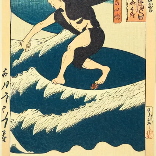 Image similar to man surfing, woodblock print, style of hokusai, fine art, style of kanagawa, painting