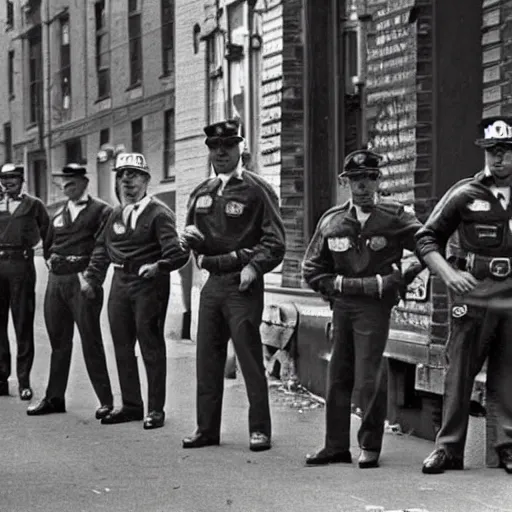 Prompt: paw patrol as cops in new york city, old historical photograph, 1 9 6 5, on the streets of harlem, artistic, gritty, heroic