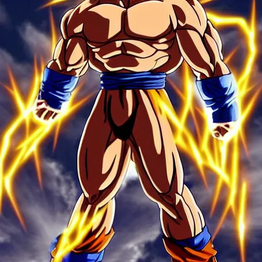 Image similar to Jesus Christ going super saiyan, muscular, lightning in the sky, glowing, Dragonball z