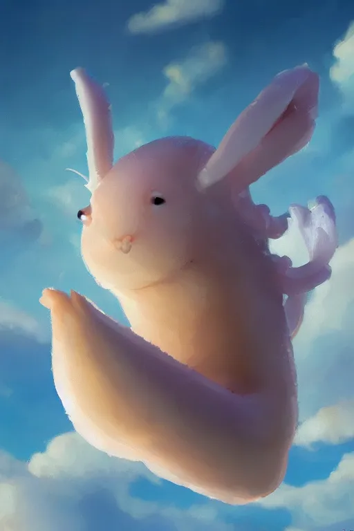 Image similar to a very cute sea slug rabbit close up, by rhads, makoto shinkai and lois van baarle, johannes voss, low angle fisheye view, sky whith plump white clouds, elegant, highly detailed, artstation, 8 k, unreal engine, hdr, concept art, volumetric lighting matte