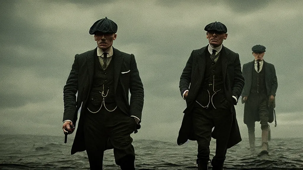 Image similar to the peaky blinders made of fish coming out of the ocean film still from the movie directed by denis villeneuve with art direction by zdzis